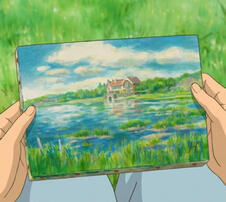 [ID: a drawing of someone holding a painting, painting of a house by a lake]